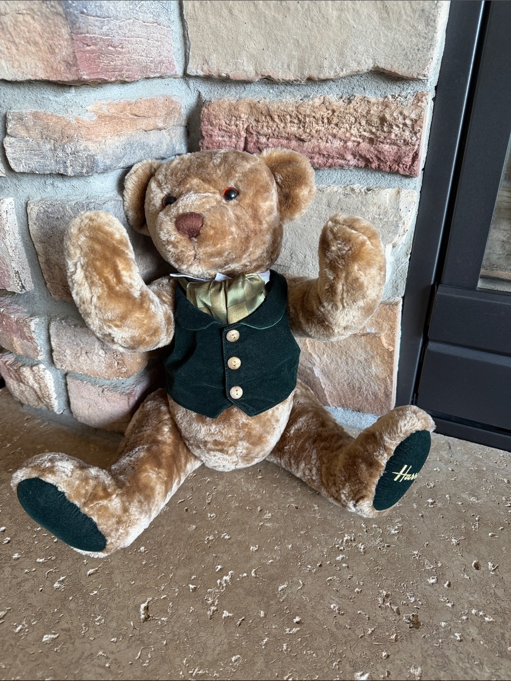 Harrods Brown Plush Bear with Green Velvet Vest 18 inches tall
